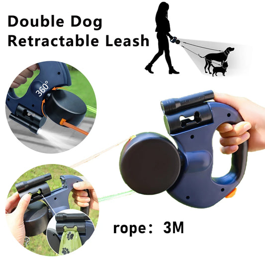 360° Dual Dog Leash with LED Light & Reflective Tape
